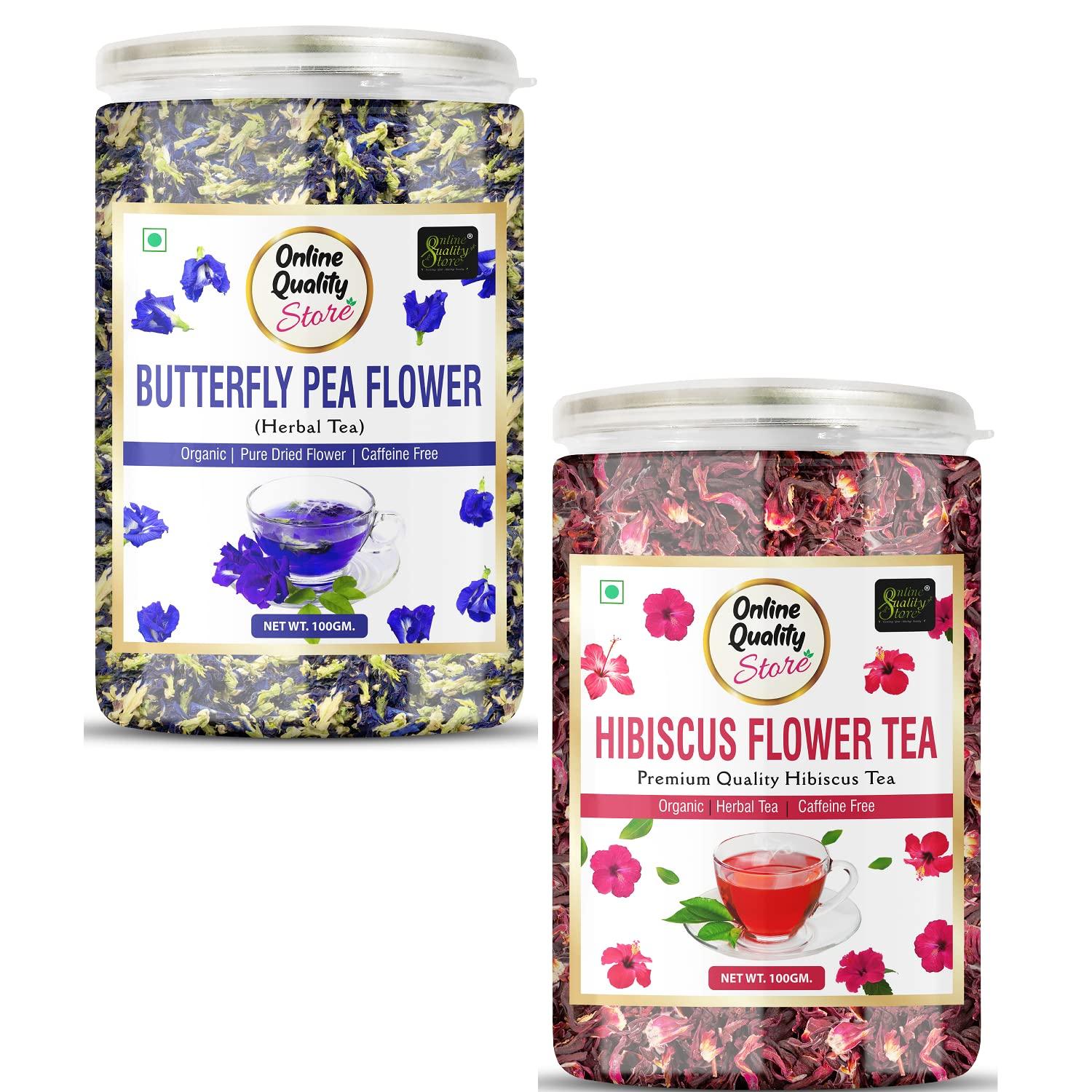 Online Quality Store Natural Hibiscus Flower Tea 100g & Butterfly Pea Flower Tea 100g | Herbal Tea Mason Jar (2 x 100 g)