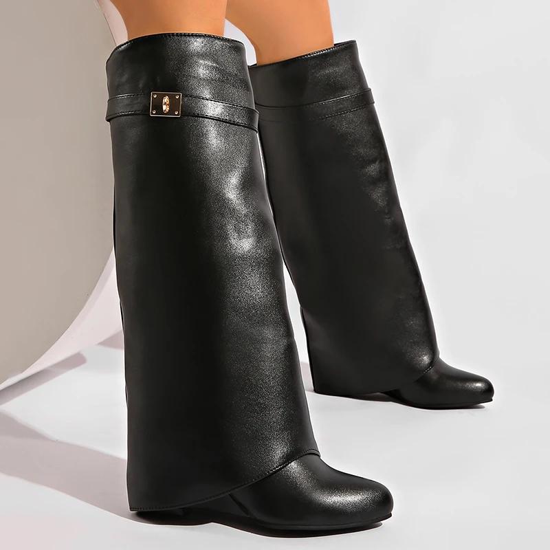 Fashion Black Pu Leather Knee High Boots Women Sexy Pointed Toe Straight Leg Boots Woman Punk Style Wedge High Heels Long Botas Mujer