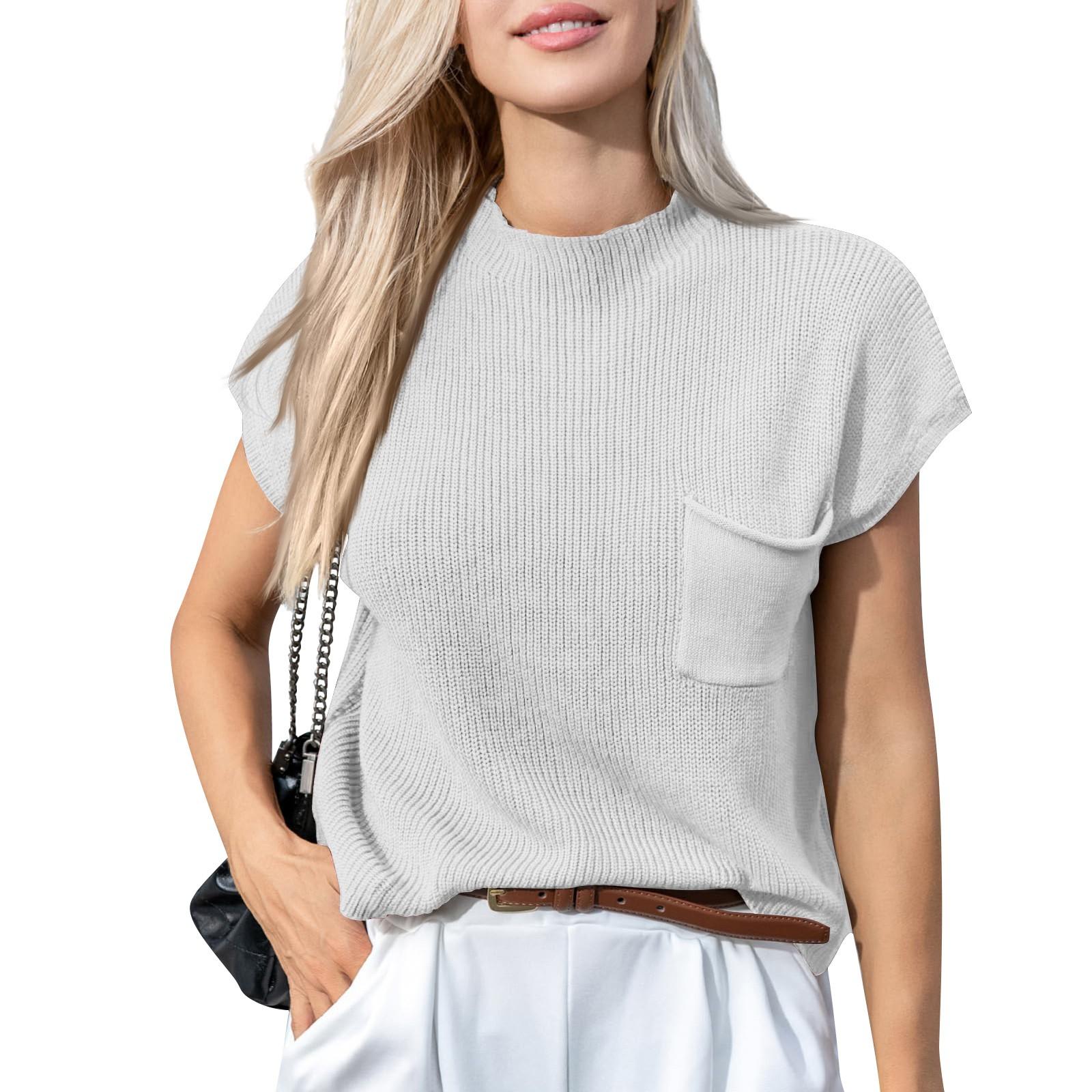 

Женский повседневный модный сексуальный однотонный удобный и дышащий пуловер с круглым вырезом, вязаный топ с карманами S белый