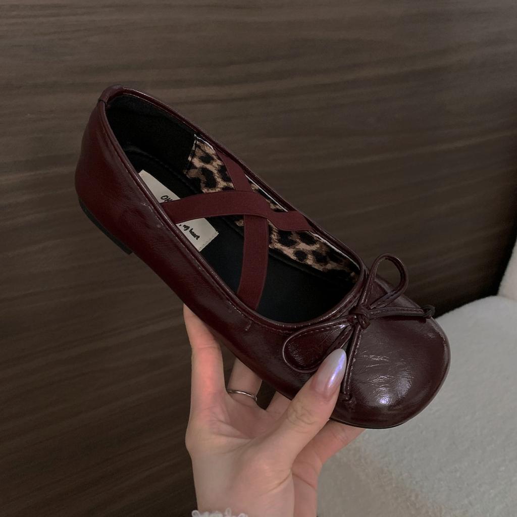 IPPEUM Burgundy Ballet Flats Shoes Women Buckle Round Toe Mary Jane Shoes Ballerinas Zapatos Mujer
