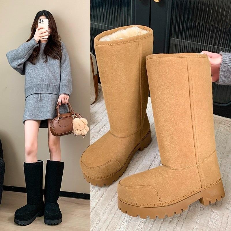 Wide Cycle Snow Boots Winter New Round Toe Suede Plush Warm Platform Block Heel Tall Boots