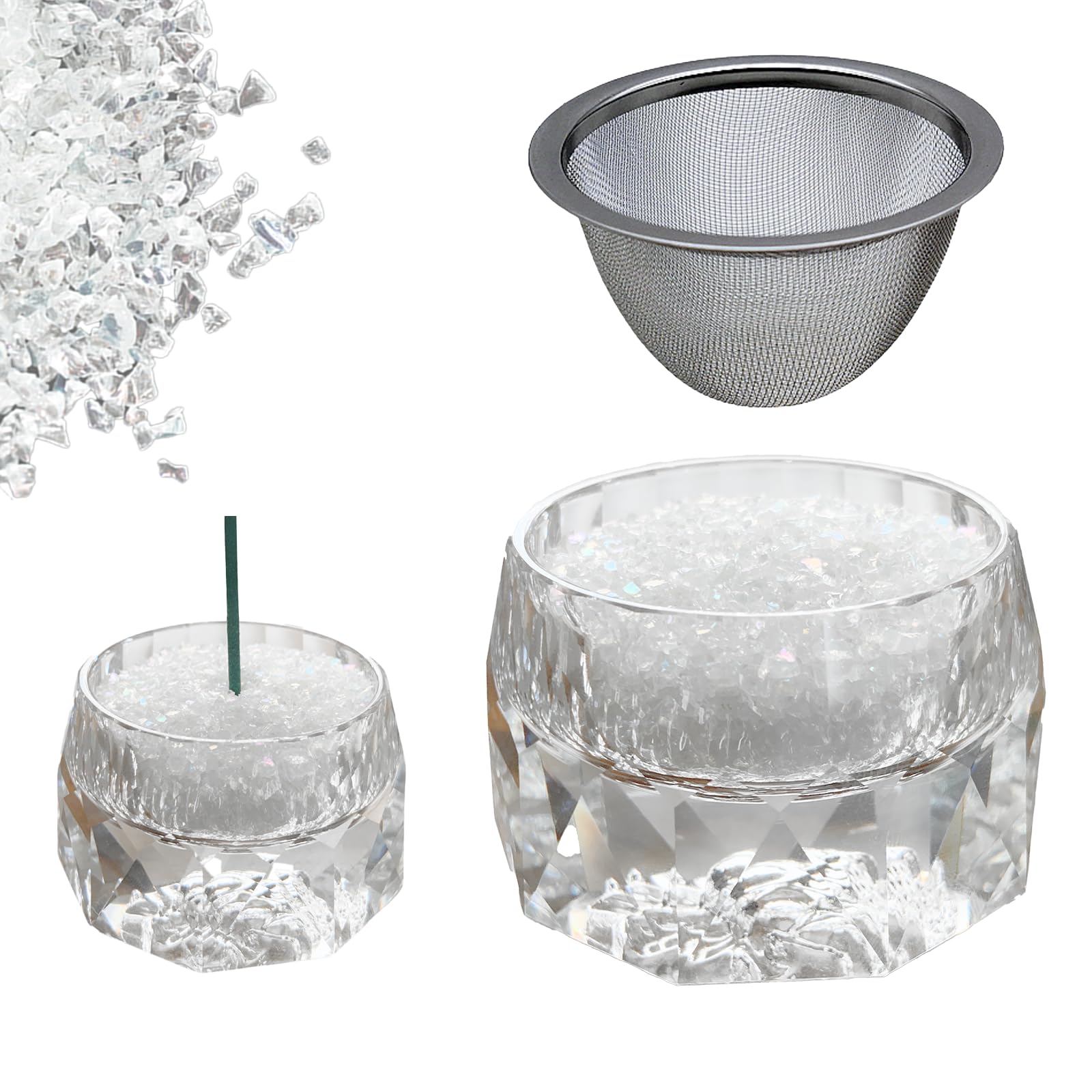 

lastweek Crystal Glass Incense Burner, Incense Holder for Buddhist Altars, Compact and Stylish, Includes 50g Glass Chips, Sparkling (Square Mesh)