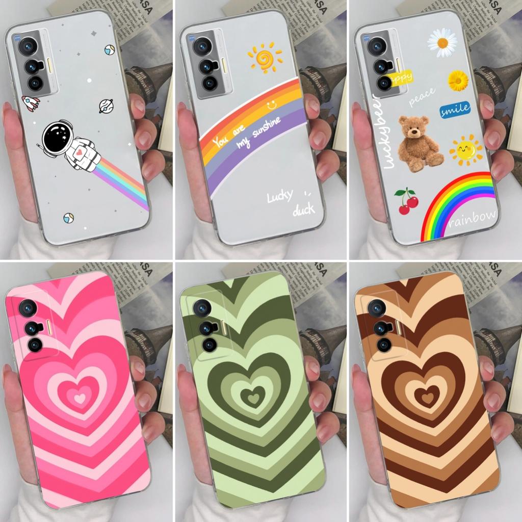 Casing For Vivo X70 X80 X60 Pro Plus X200S X21 X27 Beautiful Pink Heartshaped Pattern Phone Case Transparent Silicone Anti Slip Shell For Vivo Housing