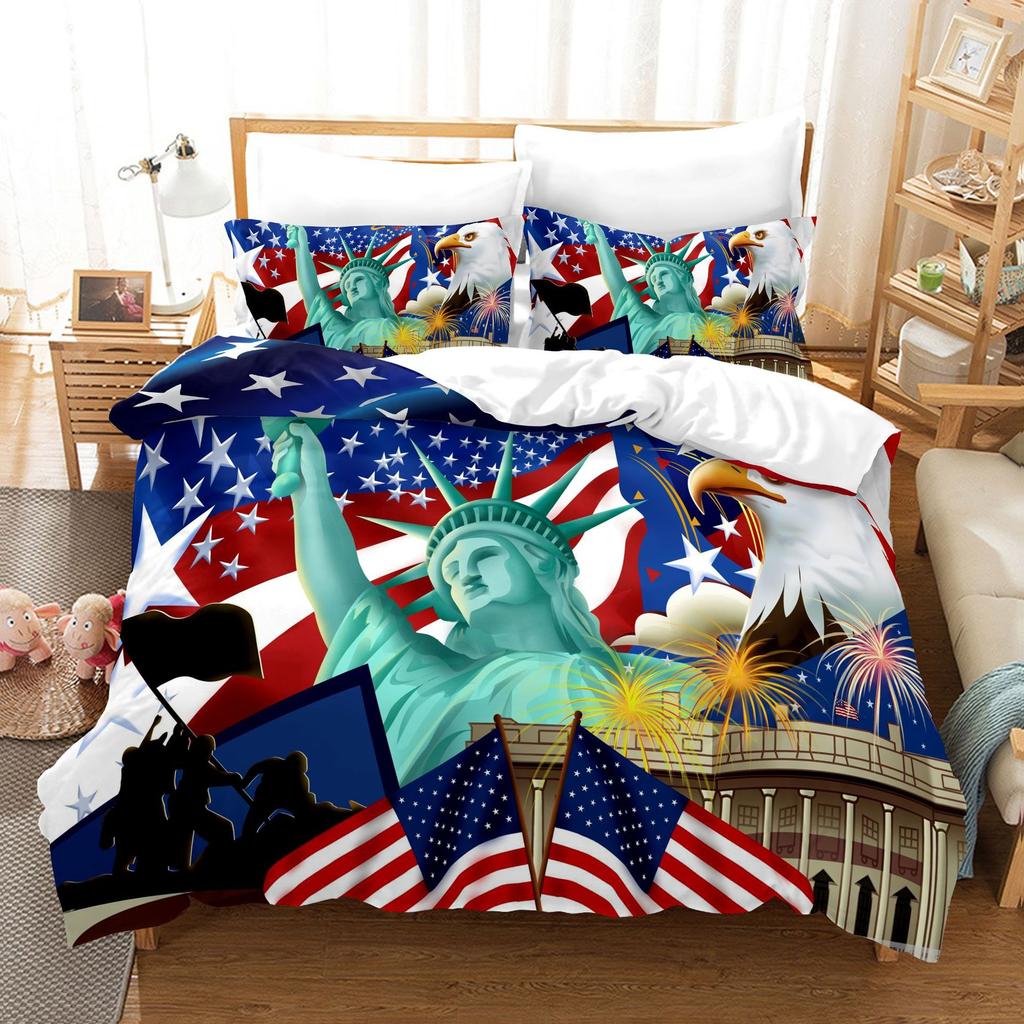 3pcs Bedding Set Independence Day Print Duvet Cover Set Single Double King Size Bed Set for Adult Home Bedroom with Pillow Case