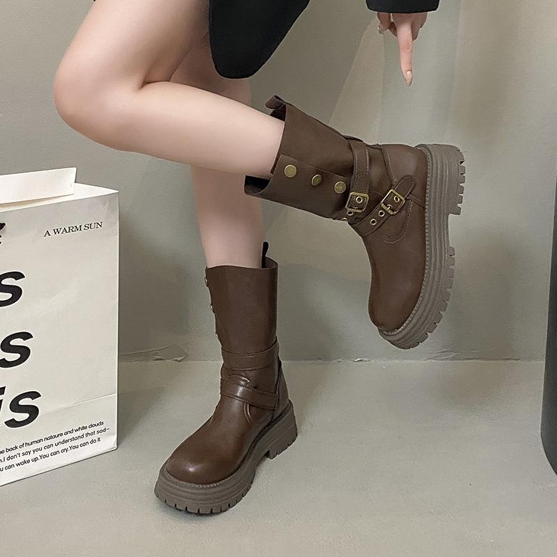 Boots Women's 2025 Autumn and Winter New Two Wear Fold But Knee High Martin Boots British Skinny Motorcycle Boots