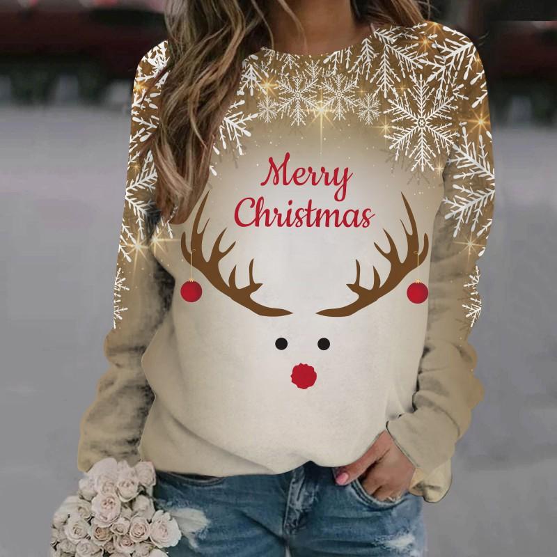 Womens Christmas Elk Print Crewneck Sweatshirt Casual Long Sleeve Top
