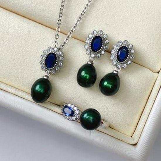Blue Diamond Princess Lace Set: Pendant, Earrings, and Ring with 7-9MM Freshwater Pearl. Exquisite and Simple Design. чёрный/зеленого костюма