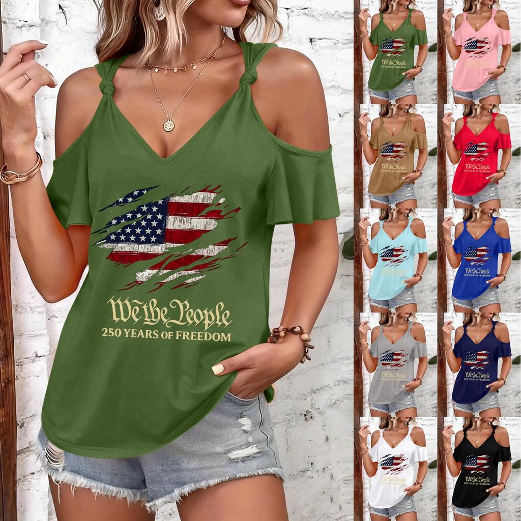 T-shirt décontracté pour femme à épaules dénudées et bretelles à nouer, manches courtes, col en V, imprimé drapeau américain, haut léger d'été