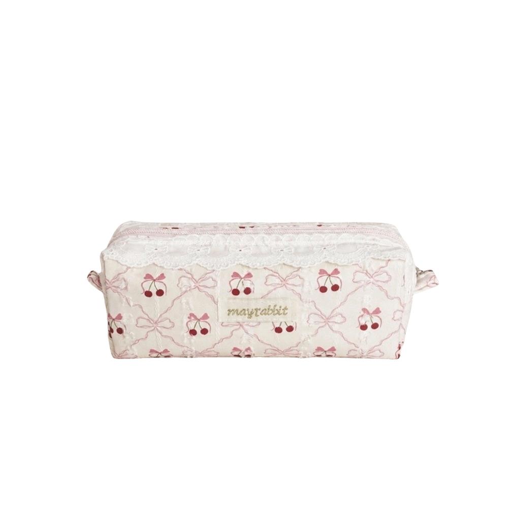 Cherry Bow Pen Pouch Large Capacity Cosmetic Pouch Cute Clutch Bags School Stationery