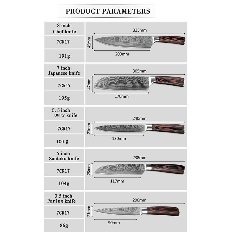 5PCS Kitchen Knife Stainless Steel Blade Damascus Laser Chef Knife Set