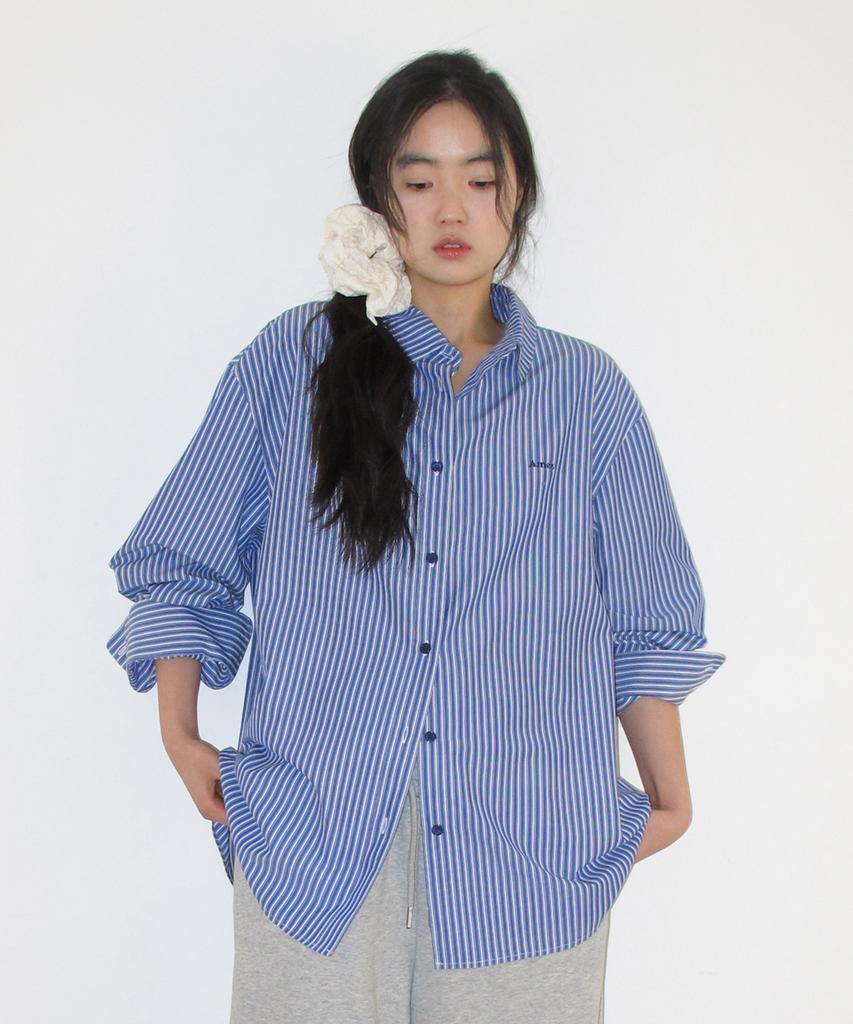 AMES-WORLDWIDE Over Fit Stripe Shirts Blue