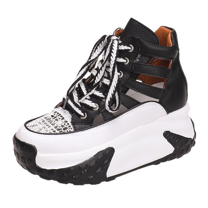 

7CM Hollow Summer Sandals Wedge Heels Leather Sneakers Women High Platform Beach Flip Flops Casual Breathable Walking Slippers 39 чёрный