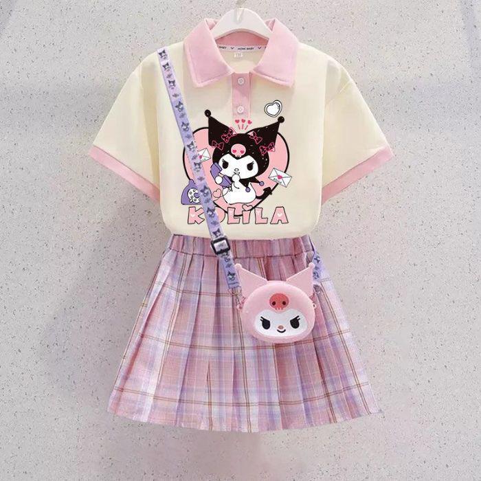 Kuromi Girls' Summer Cartoon JK Skirt Set - Short Sleeve Dress for Middle and Big Kids
