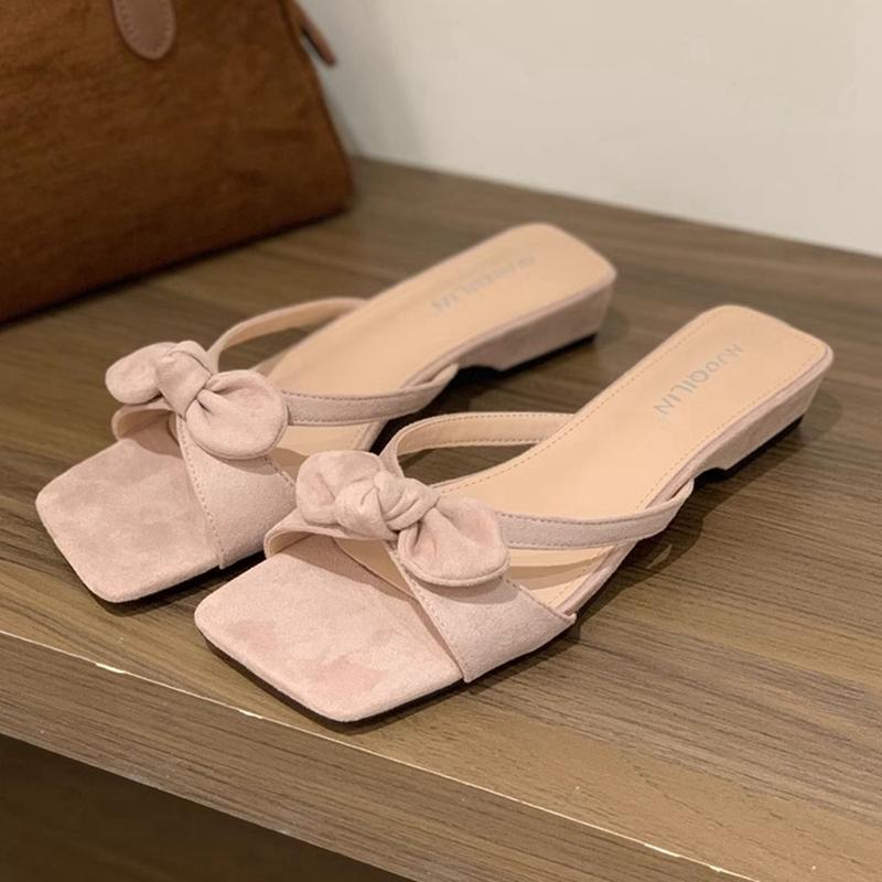 Fashion SUOJIALUN 2025 Summer New Women Slipper Fashion Bow-knot Slip On Slides Shoes Square Low Heel Outdoor Dress Sandal Shoes
