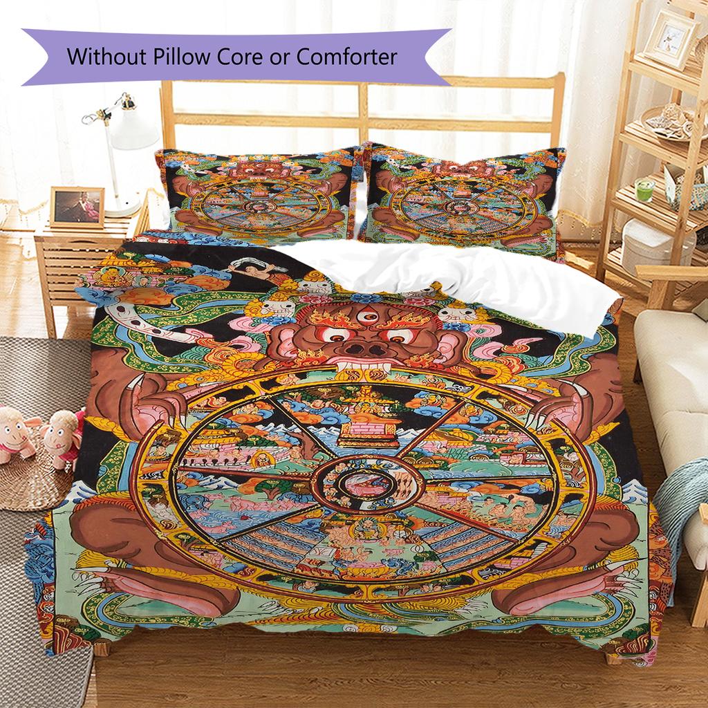 Buddhism Wheel Pattern Bedding Quilt Set Quilt Cover Pillowcase Home Decoration Gift (1 * duvet cover + 2 * pillowcase, without core)