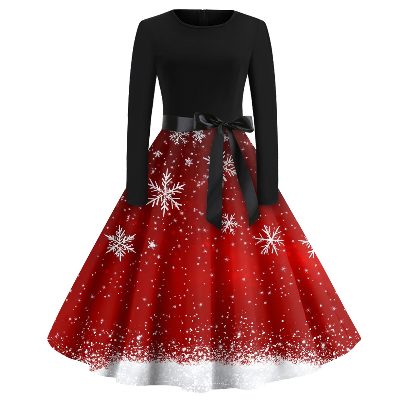 Женское винтажное классическое платье с длинным рукавом и рождественским принтом — фото 10