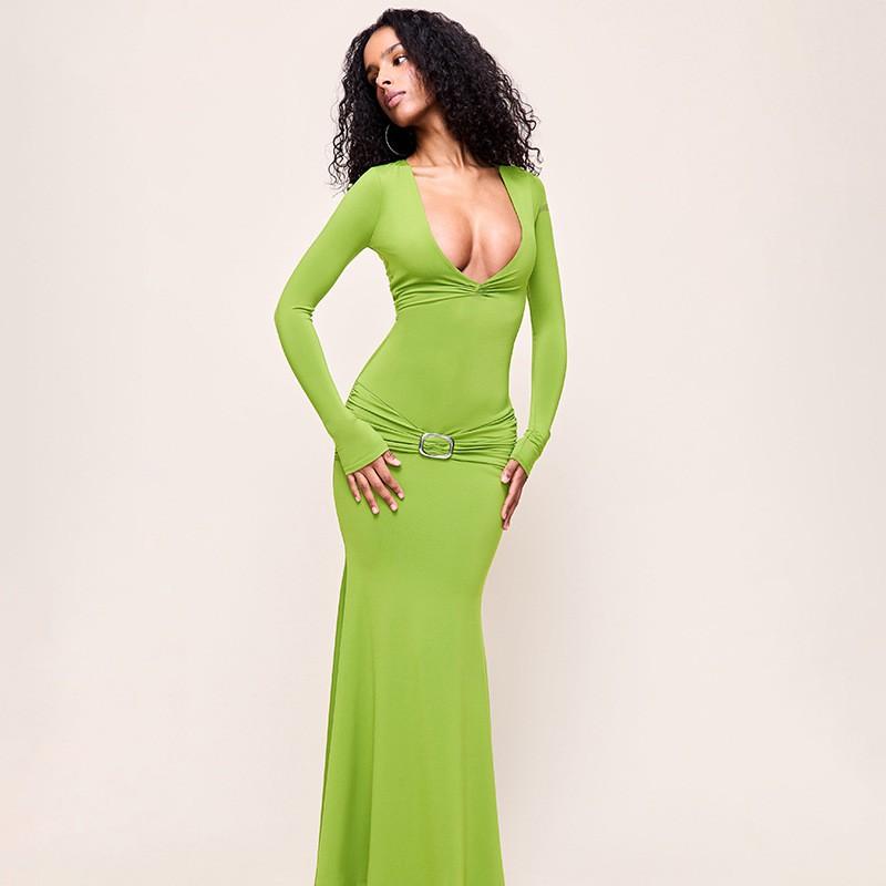 2026 Fall Womens Slim Fit Bodycon Dress Solid Color Deep V Neck Long Sleeve Metal Decor Party Cocktail