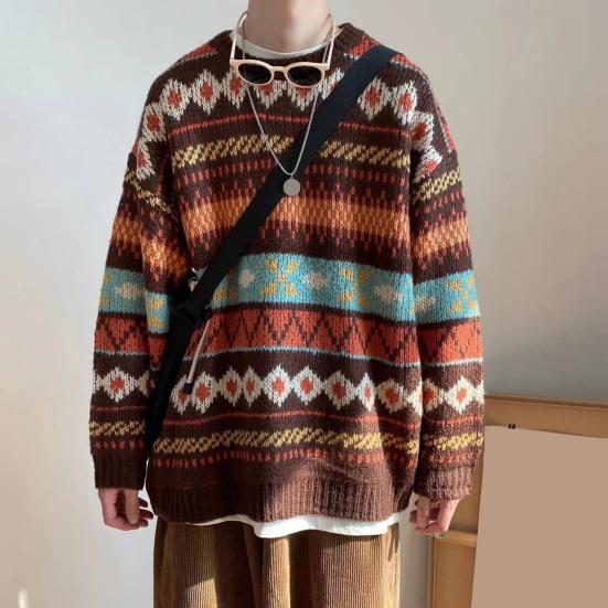 Men Autumn Sweater Geometric Print Colorful Long Sleeves Round Neck Loose Warm Thick O Neck Elastic Spring Sweater for Daily Wear