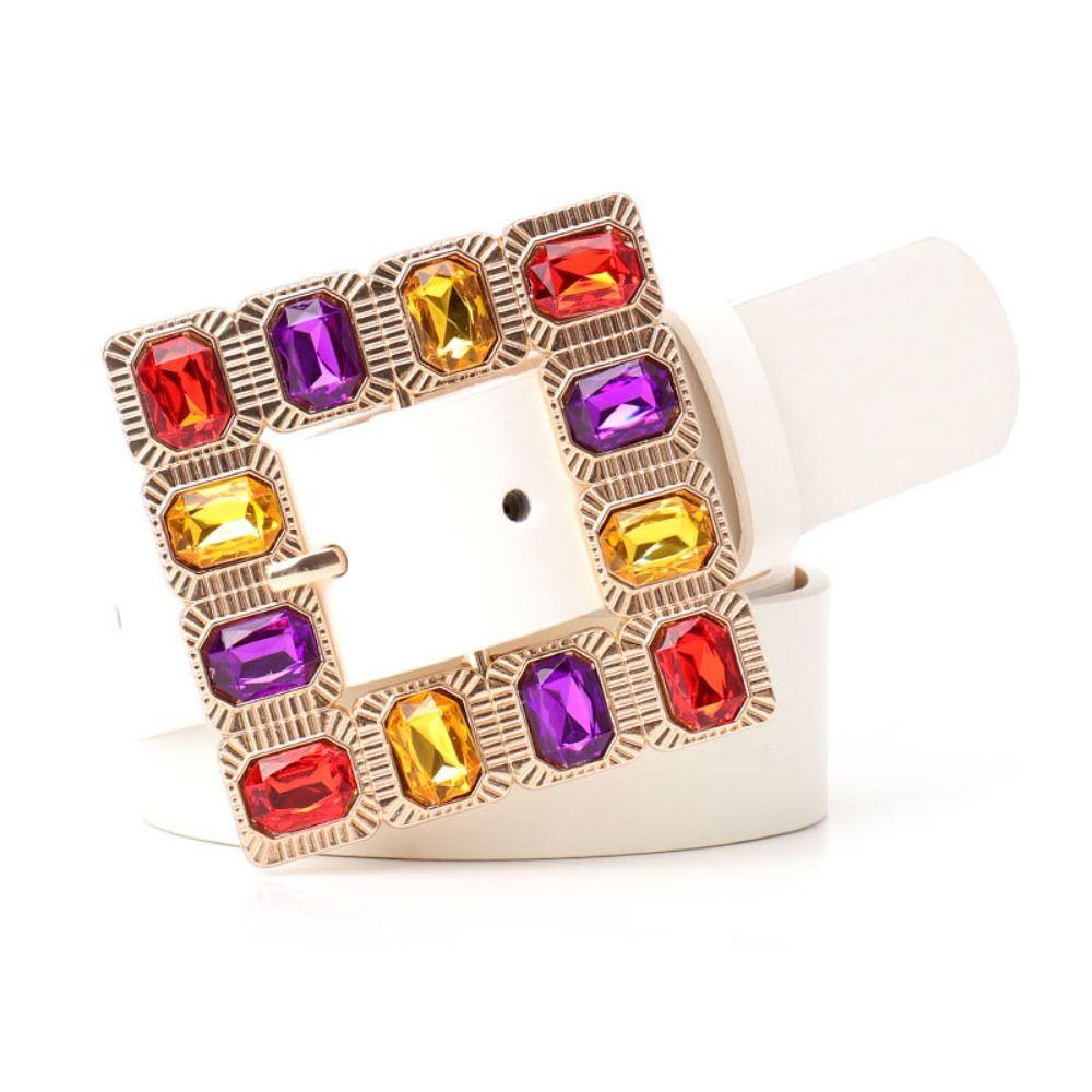 Square Buckle Women Waistband Colorful PU Leather Belt Luxury Rhinestone Belt  Girl