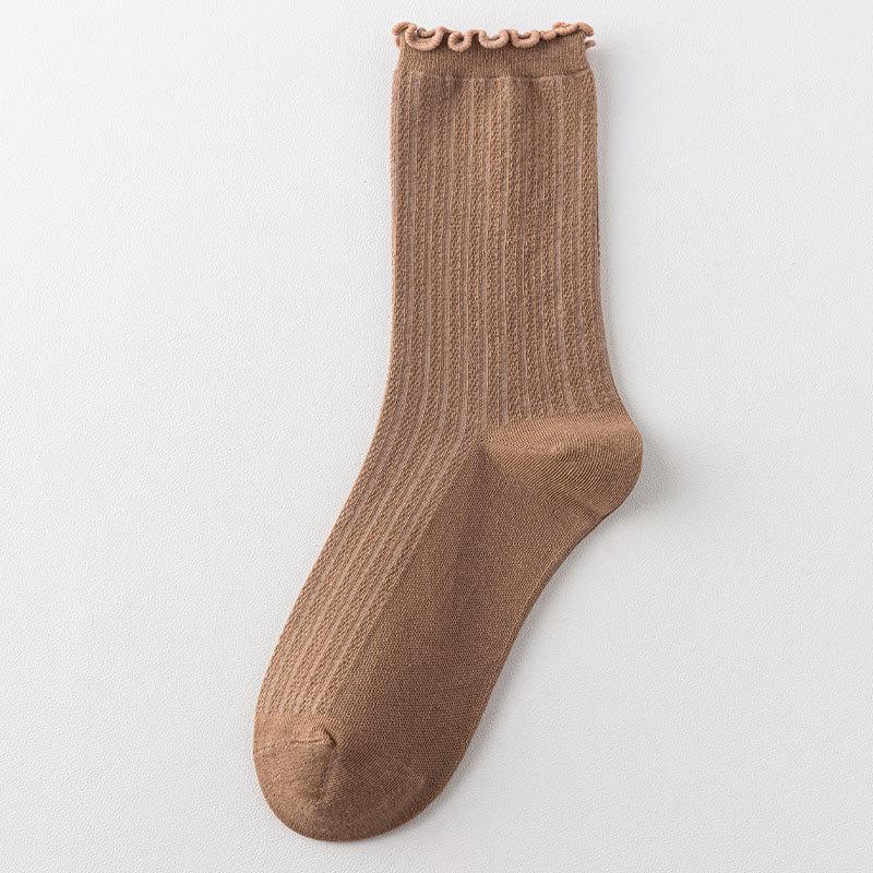 Ladies Spring and Autumn Solid Color Fungus Lace Boneless Medium Tube Pile Cotton Socks