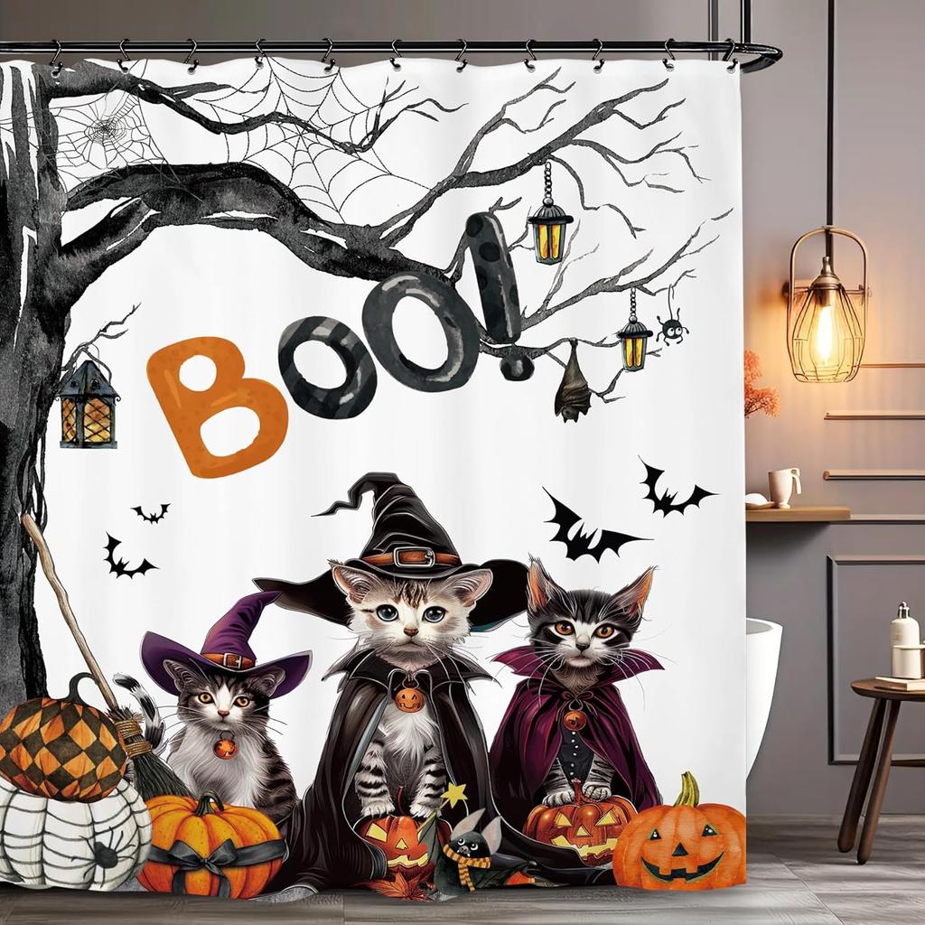 Halloween Pumpkin Ghost Shower Curtain Mouse Head Pumpkin Skull Kids Boys Holiday Scary Horror Spooky Bathroom Set Accessories