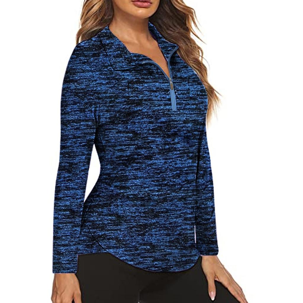 Women's Casual Solid Color Long Sleeve Breathable V-Neck Golf Tennis Running Sweatshirt Zipper Top