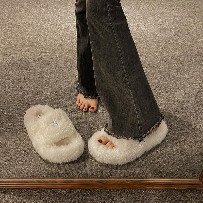 Cm Fluffy Shoes Women Wear  Internet Celebrity Explosion Autumn and Winter Go Out Thick-soled Plush Cotton Slippers