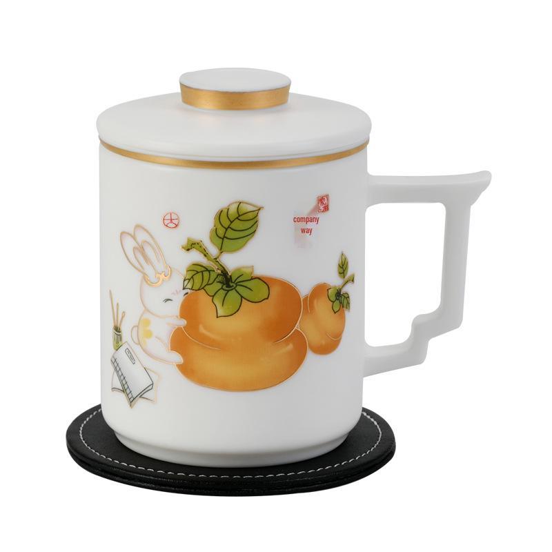 Handmade Mutton Fat Jade Porcelain Mug with Lid and Filter - Luxury Office Teacup