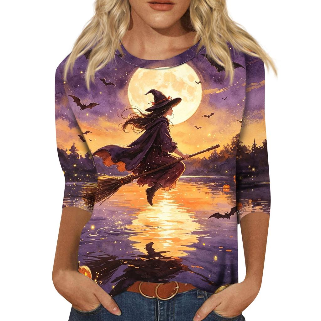 Women's Fashion Casual Halloween Print 3/4 Sleeve T-Shirt with Round Neck