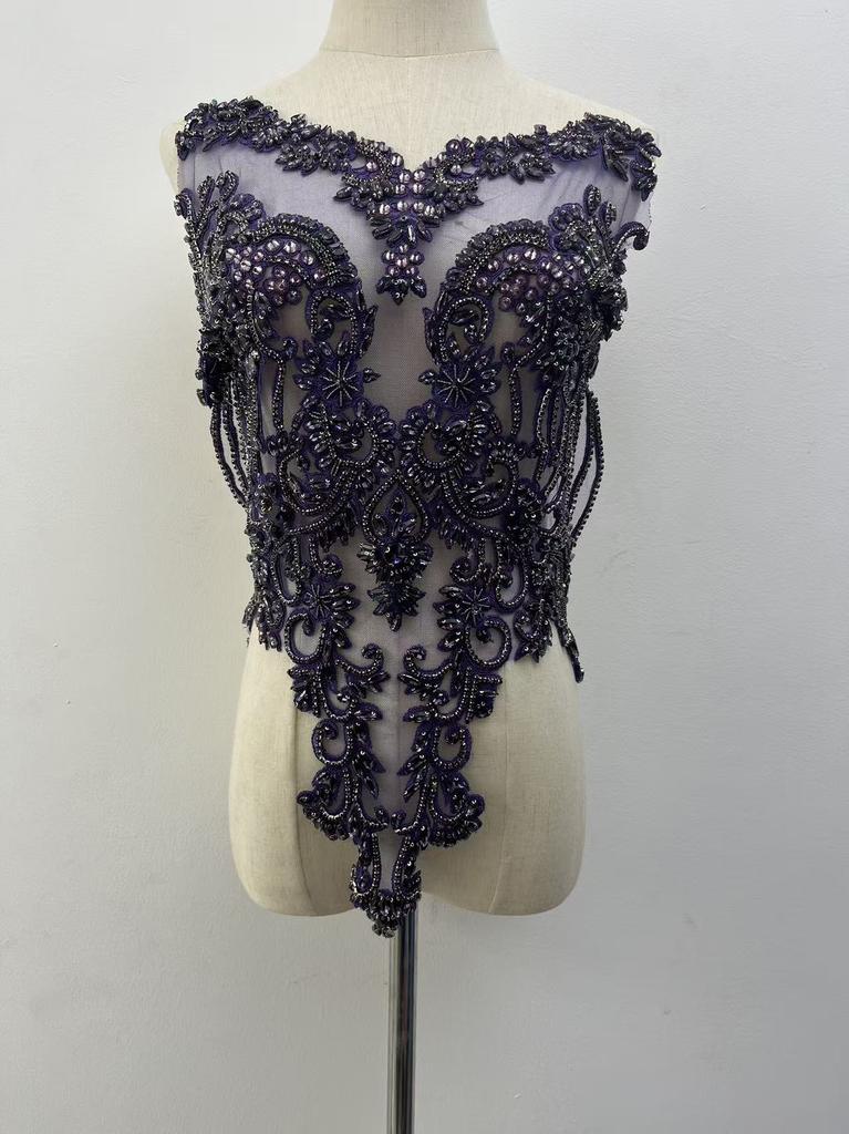 Rhinestone Tassel Dark Purple Beaded Lace Fabric with Motif Rhinestones Flower Shape Embroidery Trim for Wedding Dress