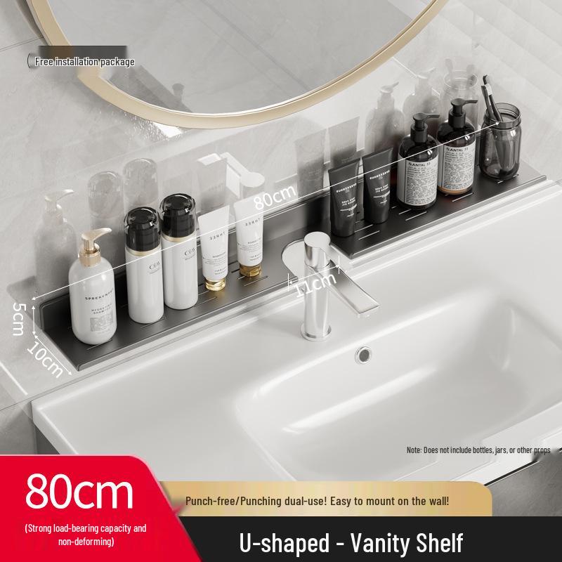 Wall-Mounted No-Drill Bathroom Vanity Shelf with Space for Faucet and Mirror
