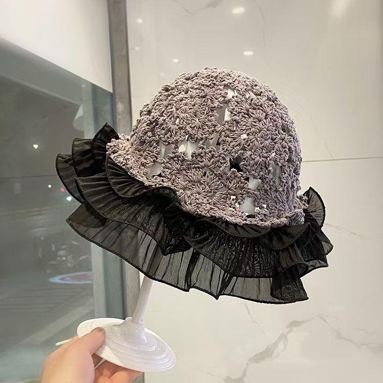 Vintage Hand-Crocheted Thin Cap for Women, Summer Lace Hollow Out Fisherman Hat, Cotton Yarn Ruffled Brim Bucket Hat