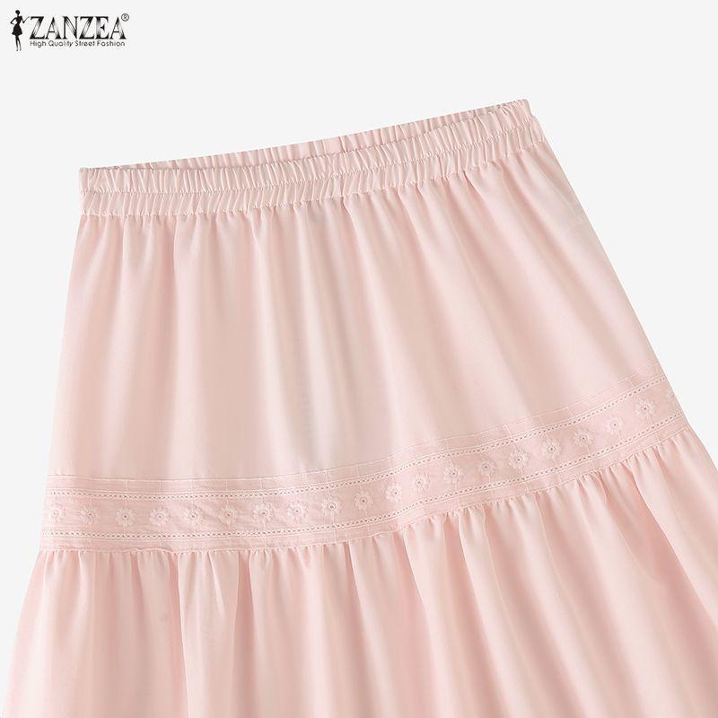 ZANZEA Mulheres casual cintura elástica cor sólida solta saias longas