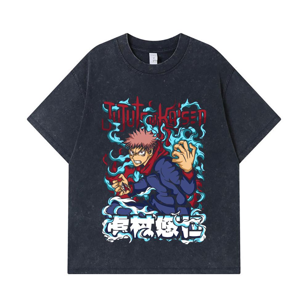 275 GSM Washed T-shirts 100% Cotton Jujutsu Kaisen V50 Yuji Print Unisex Heavy Cotton T Shirt