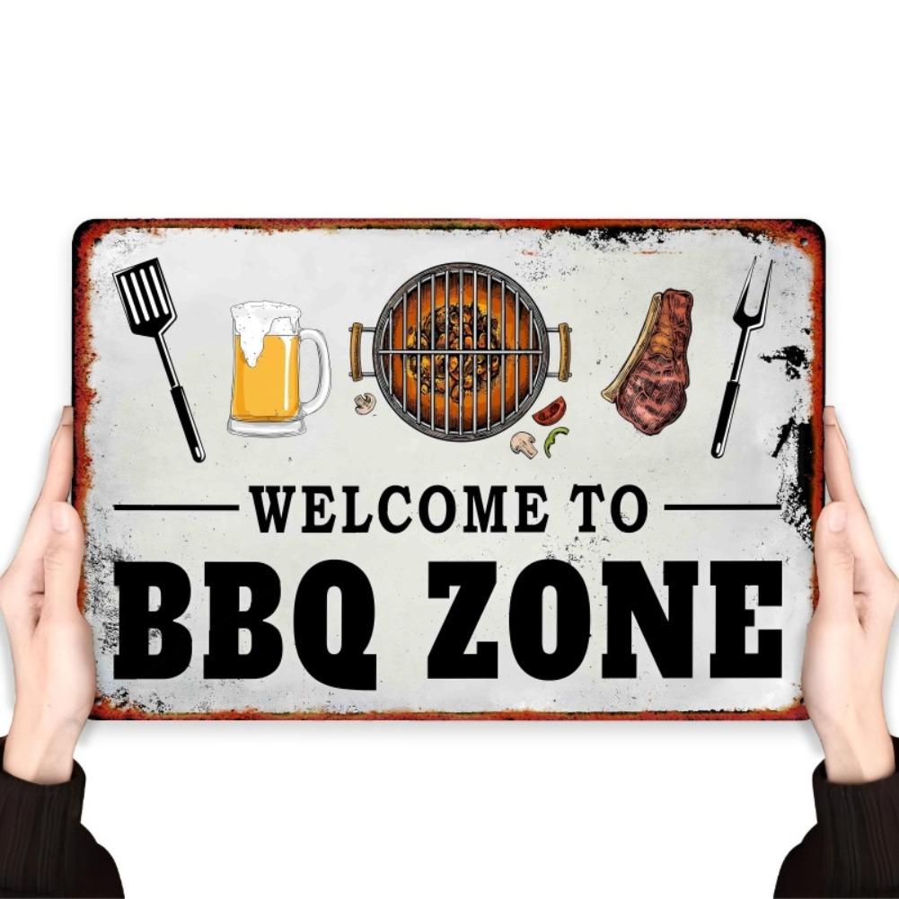 1 pz Placca Metallica Zona Barbecue Retrò – Latta Vintage da Parete con Illustrazione Grill Master, Perfetta per Decorazione Casa Interni ed Esterni