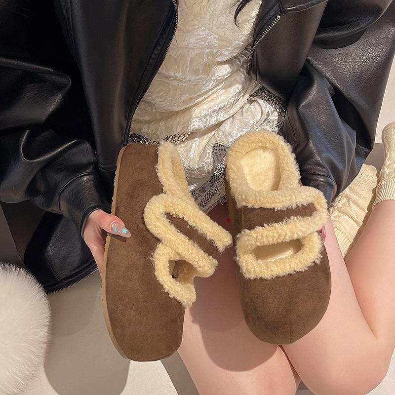 Women's Soft Bottom Large Size Thickened Winter Warm Fur One Padded Lining Ankle Boots Non-slip Baotou Cotton Half Slippers Soybean Shoes