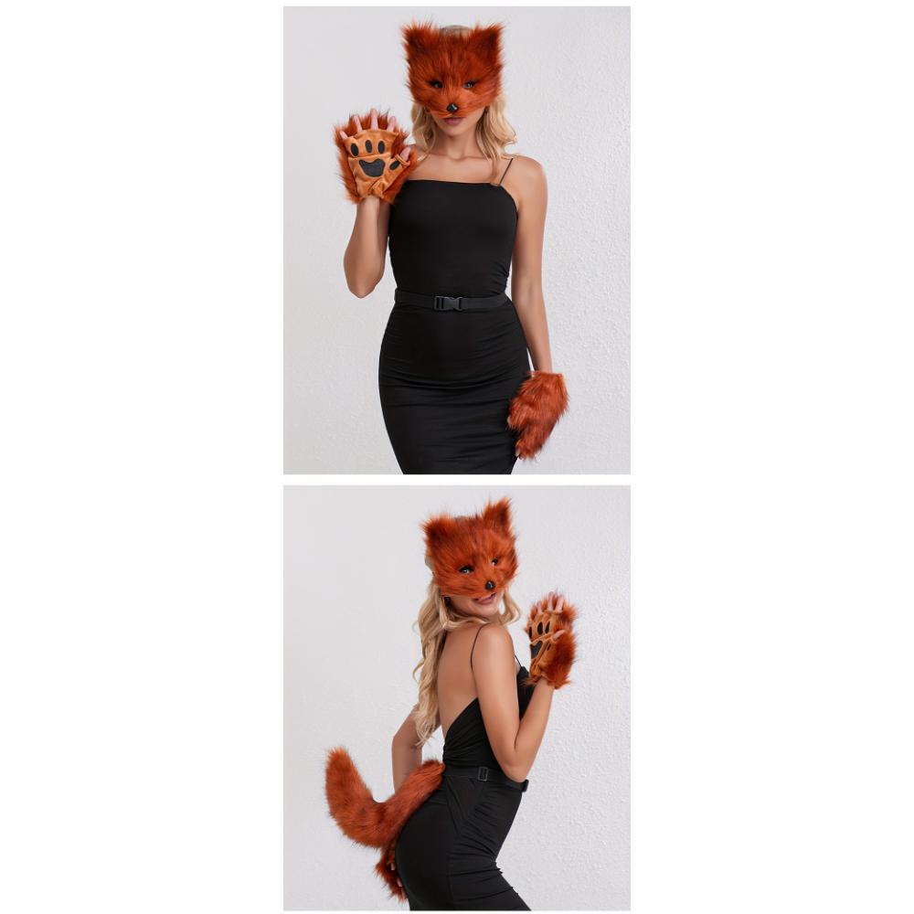 3-częściowy strój lisa na Halloween - pluszowy ogon, maska i rękawiczki | urocze akcesoria RPG o tematyce zwierzęcej na imprezy i COSPLAY na żywo