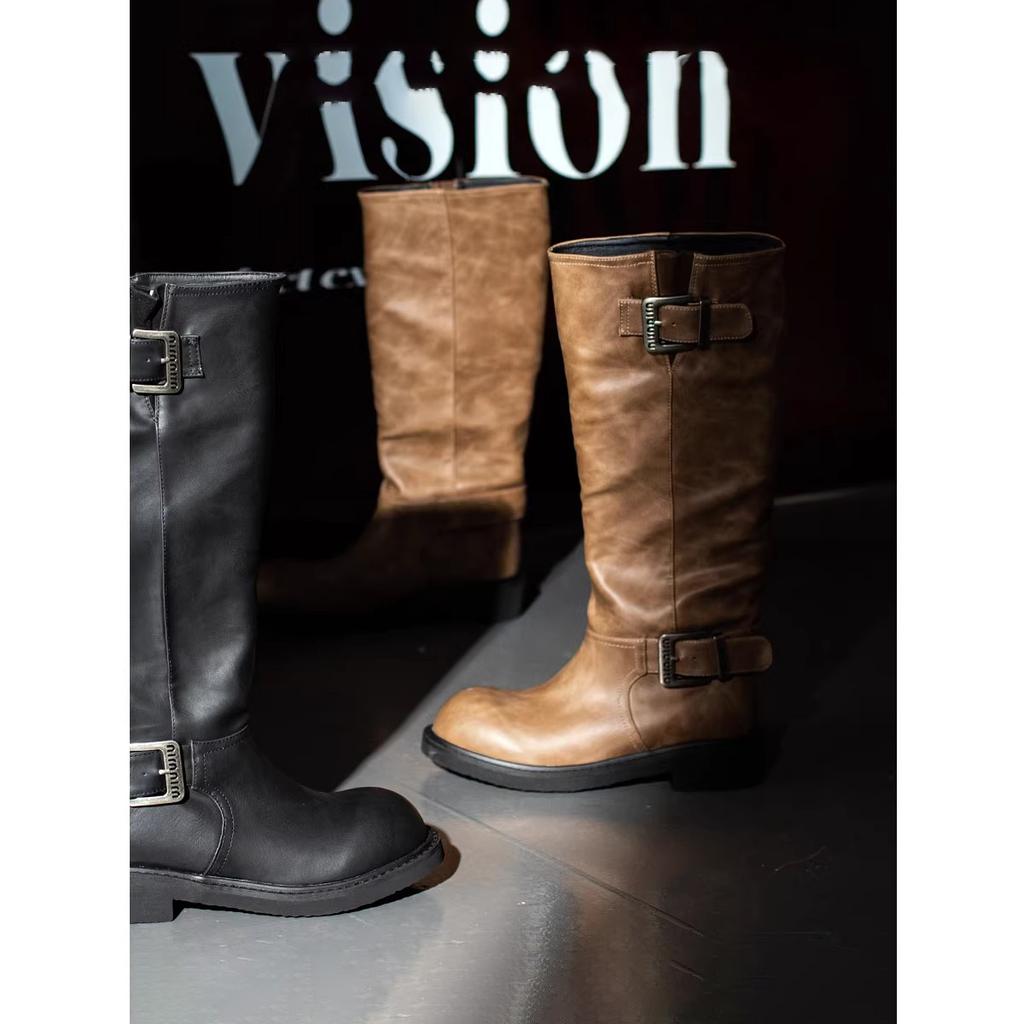 Petite~ Soft leather thick-soled knight boots women's boots autumn and winter velvet retro long boots wide tube widened high boots
