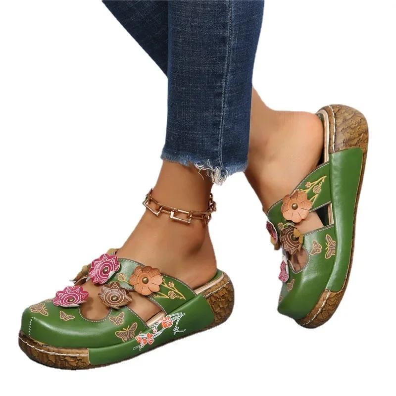 Fashion 2025 Retro Plum Blossom Baotou Slippers Women's New Fashion Totem Thick Sole Anti Slip Sandals Outdoor Beach Flat Casual Shoes