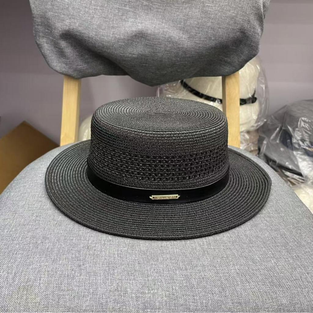 Straw summer new French hollow flat top straw hat unisex sunshade sunscreen vacation breathable top hat