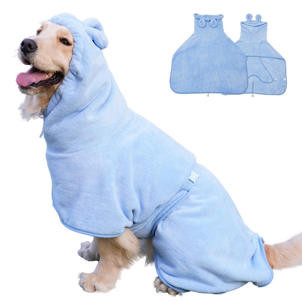 Blue pet bathrobe large dog absorbent coral fleece dog hooded bathrobe thickened cute golden retriever clothes