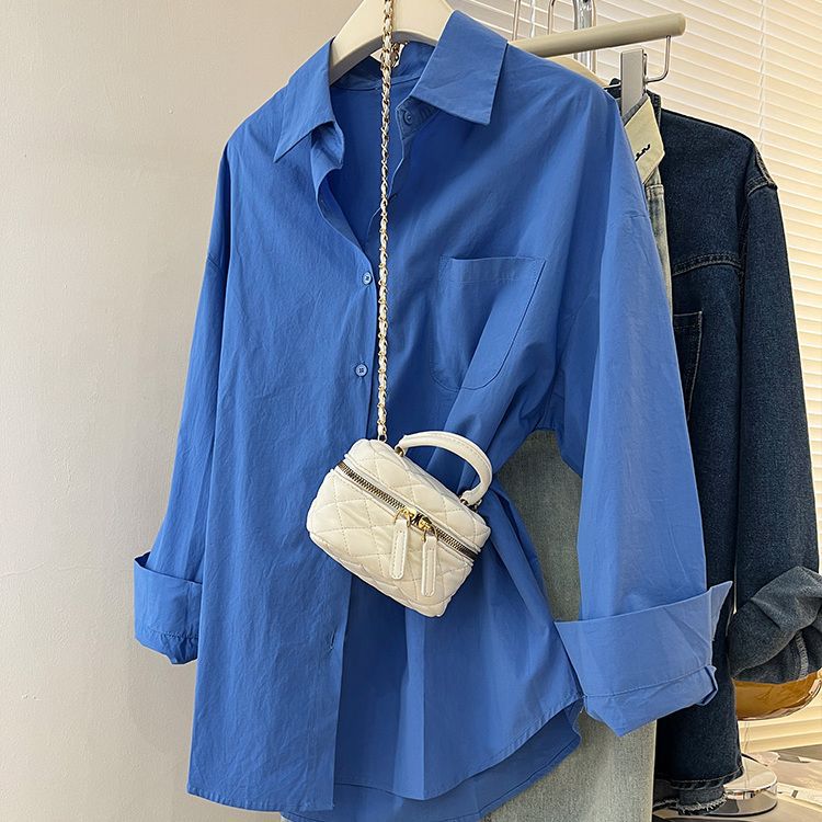Einfarbige Langarm-Damenbluse mit Tasche Lockerer Knopfleiste Casual Bluse Frau Frühling Sommer All-Match Hemd Top