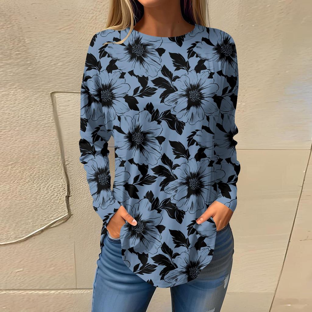 Women's  Loose Casual Flower Printed Round Neck Long Sleeved T Shirt Top Pullover Long Sleeved Sweatshirt