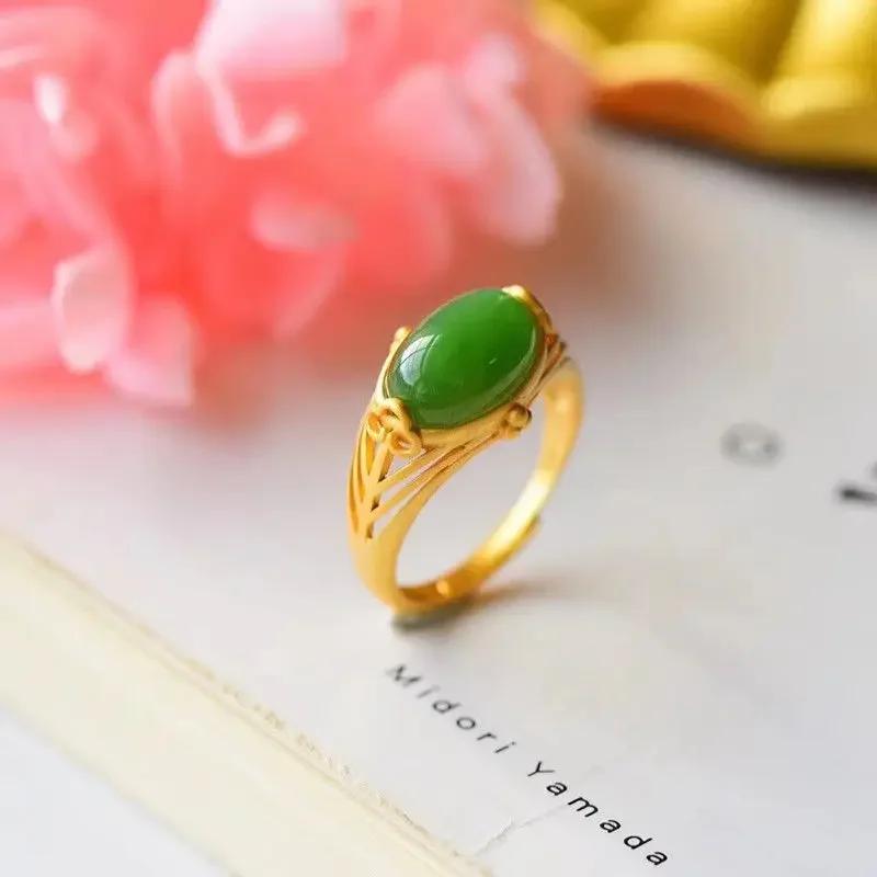 Natural Hetian Jasper Opening Adjustable Rings for Women Chinese Style Retro Unique Ancient Gold Craft Charm Brand Jewelry