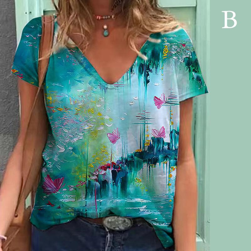 Buy Women Spring VNeck Blouses Flowers Painting Short Sleeved T Shirts