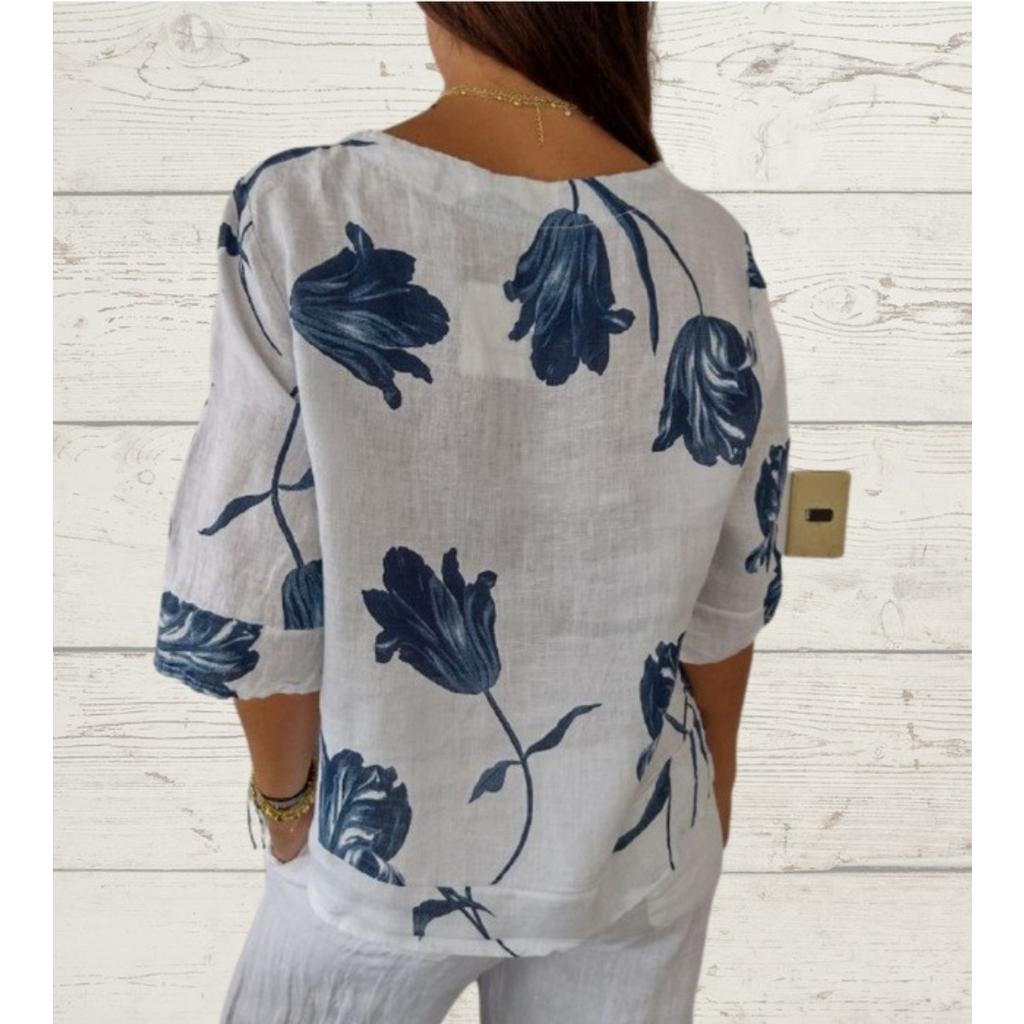 New Arrival Printed Cotton Linen V-neck Short Sleeve Pullover Blouse