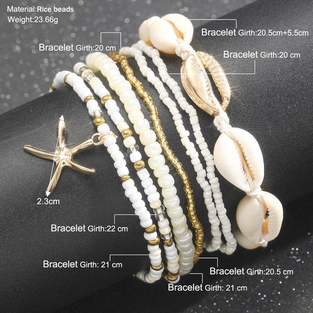 Bohemian Beach Multi-Layer Anklet with Rice Pearls and Starfish Shells