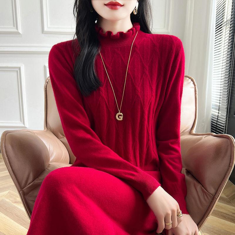 Large-sized Half Turtleneck Mid-length Sweater Dress for Women Solid Color Casual Knitted Dress with Loose Knitted Sweater for Autumn and Winter