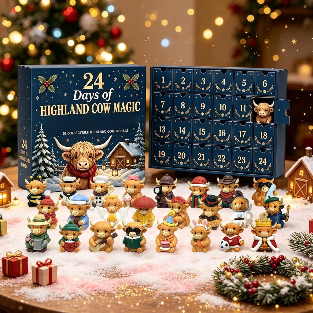 24-Day Highland Cow Christmas Countdown Calendar Mini 3D Highland Cow Figurine Christmas Gift Christmas Tree Cow Pendant