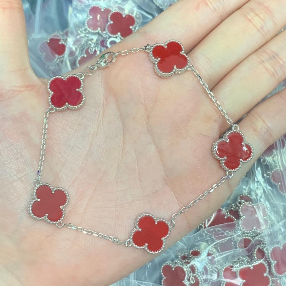 Bransoletka Koniczynka Czterolistna Pięciokwiatowa Mosiądz 18k Nieblaknąca Damska Chalcedon Laserowa Bransoletka